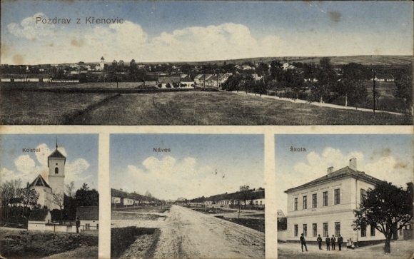 Postcard Křenovice South Moravia, general view, Kostel, Náves, Škola