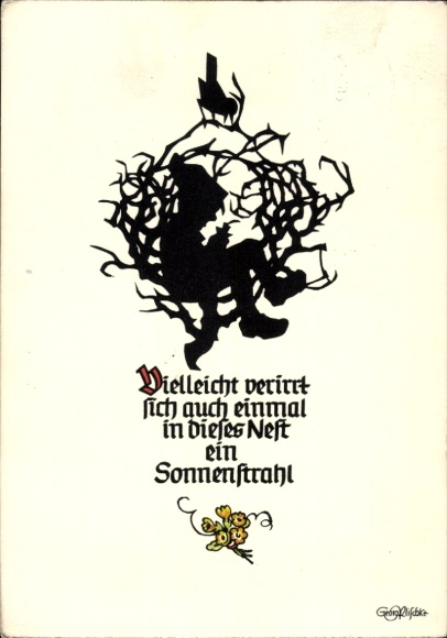 Paper cutting Postcard Plischke, G., Perhaps a ray of sunshine will wander into this nest