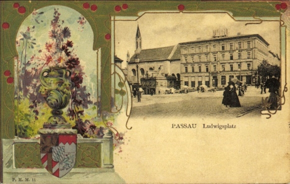 Embossed coat of arms passe-partout, Passau in Lower Bavaria, Ludwigsplatz
