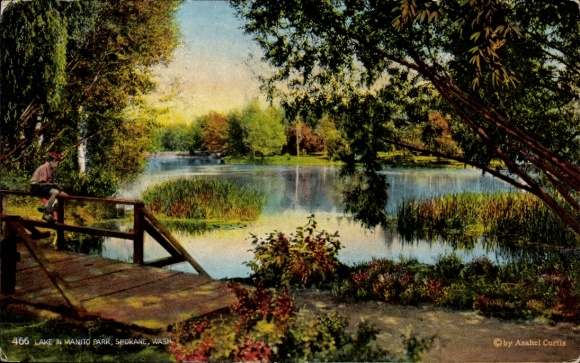 Postcard Spokane Washington USA, lake in Manito Park, bridge, trees, plants, calm water surface