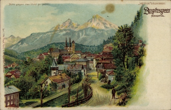 Stop against the light, lithograph Berchtesgaden, street scene in the Nonnental valley, churches