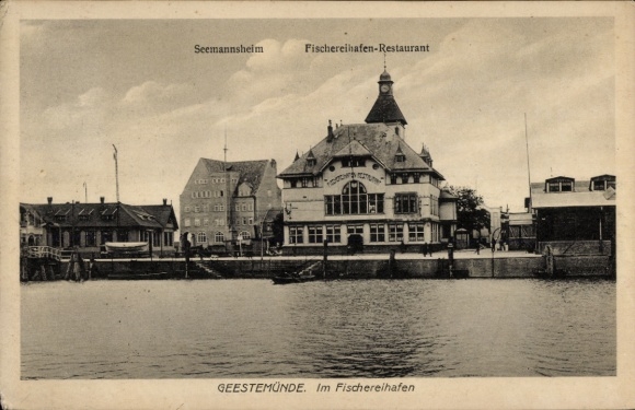 Postcard Geestemünde Bremerhaven, Seamen's Home, Fishing Port Restaurant, Harbor View