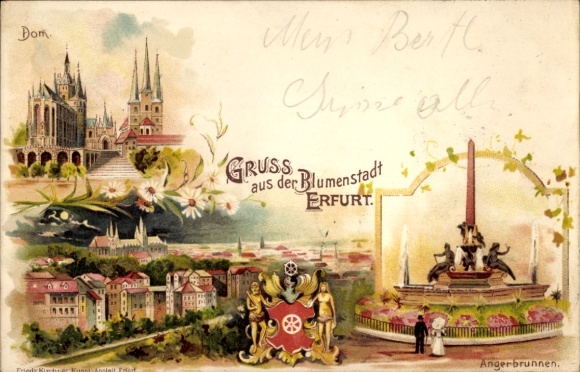 Coat of arms lithograph Erfurt in Thuringia, Angerbrunnen fountain, Cathedral