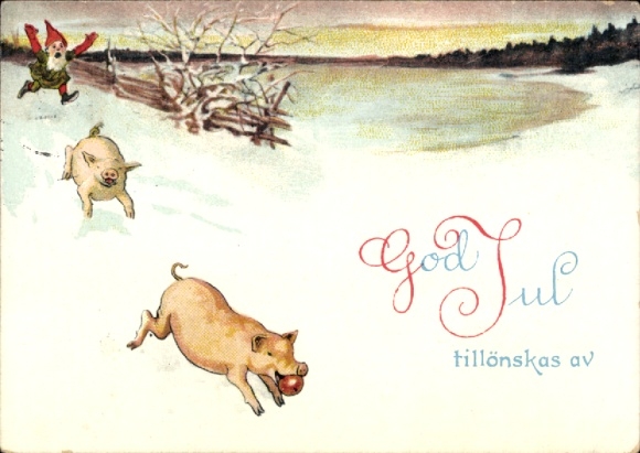 Artist Postcard Nyström, Jenny, Merry Christmas, two pigs running away from a dwarf