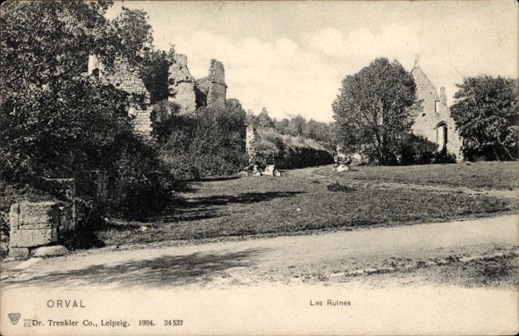 Postcard Orval Florenville Wallonia Luxembourg, ruins, landscape, trees, from 1904, location Orval