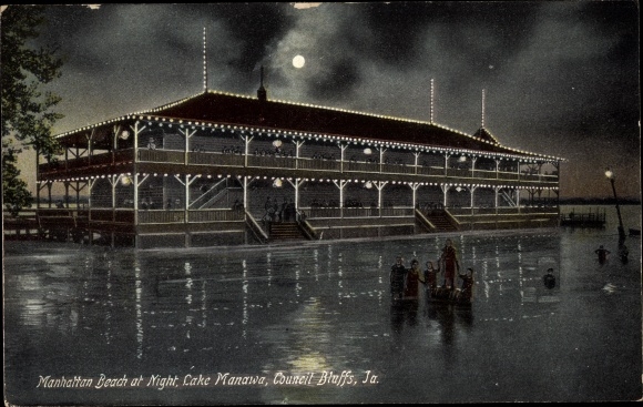 Postcard Iowa USA, Manhattan Beach at night, Lake Manawa, Council Bluffs
