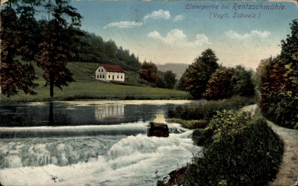 Postcard Rentzschmühle Pöhl in Vogtland, Elster area, waterfall, house, trees, river