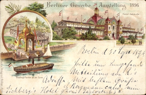 Lithograph Berlin, Trade Exhibition 1896, Reception Pavilion, Spree River, Forestry Building