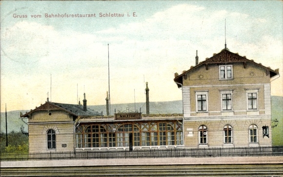 Schlettau in the Ore Mountains, train station, track side, station restaurant