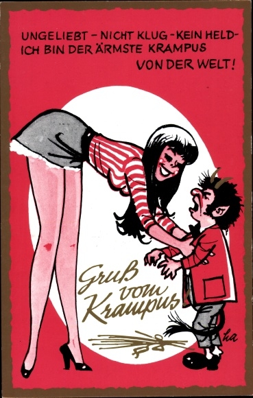 Artist Postcard Krampus, unloved, not smart, not a hero, brunette in miniskirt, legs, breasts