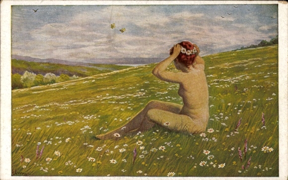 Artist Postcard Elmi, spring flowers, erotica