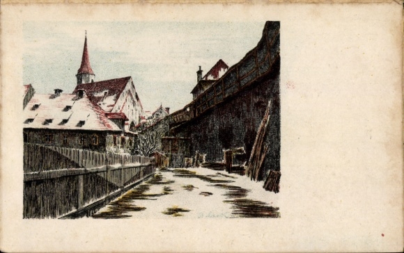 Postcard Eger Erlau Hungary, Colorful drawing, Franciscan Court, B. Lark, Egerland Views