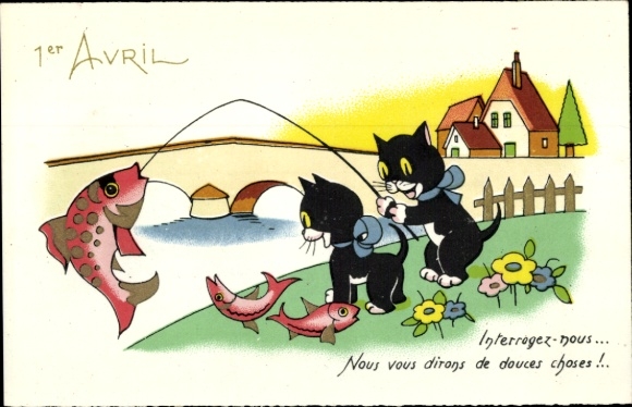 Postcard 1 April, 1er Avril, Cats fishing fish