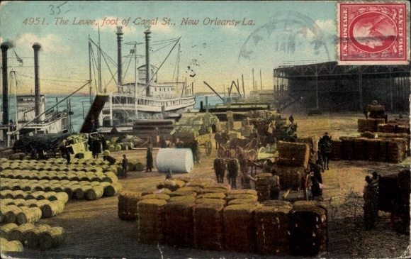 Postcard New Orleans Louisiana USA, The Levee, foot of Canal St., steamship, stack of goods