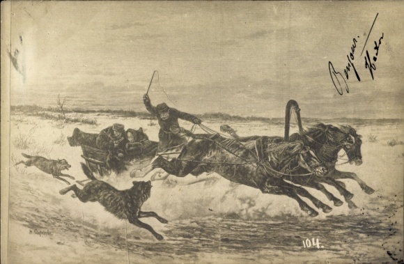 Artist Postcard Russia, horse team, troika, pursued by two wolves in the snow.