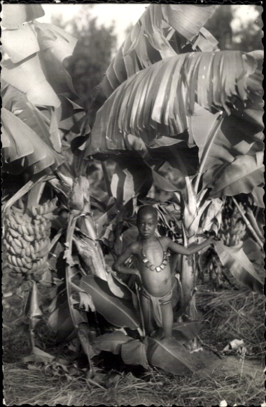 Postcard Douala Duala Cameroon, local child standing under a banana plant