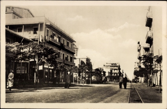 Postcard Port Said Egypt, street with trees, houses, people, from Port Said