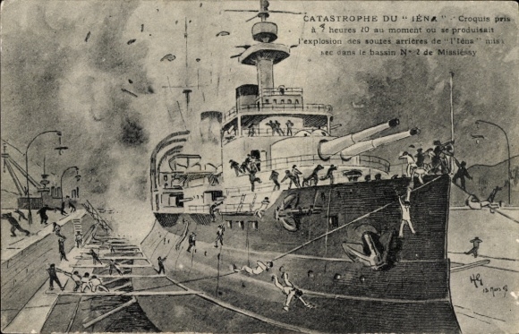 Postcard Toulon, explosion of the ammunition magazines of the French battleship Jena in dry dock