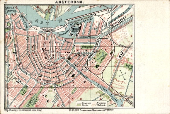 City map Postcard Amsterdam North Holland Netherlands, Binnenamstel, IJ, Dijksgracht, harbor
