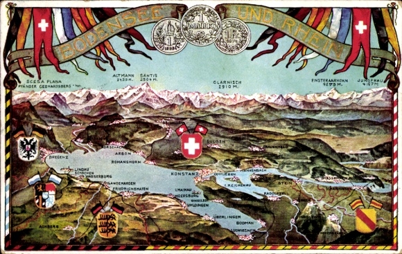 Coat of arms Postcard Lindau am Bodensee Swabia, Lake Constance and Rhine, coins, flags