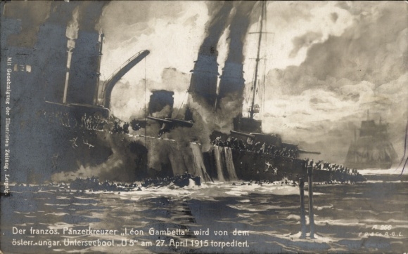 French armored cruiser Leon Gambetta torpedoed by Austro-Hungarian submarine U5, 1915