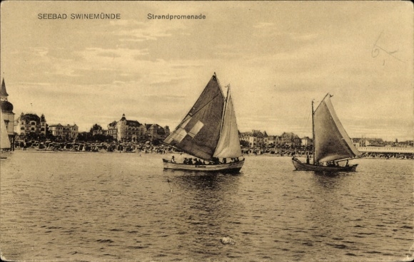 Postcard Świnoujście Swinemünde Pomerania, Two sailboats, beach promenade, Swinemünde