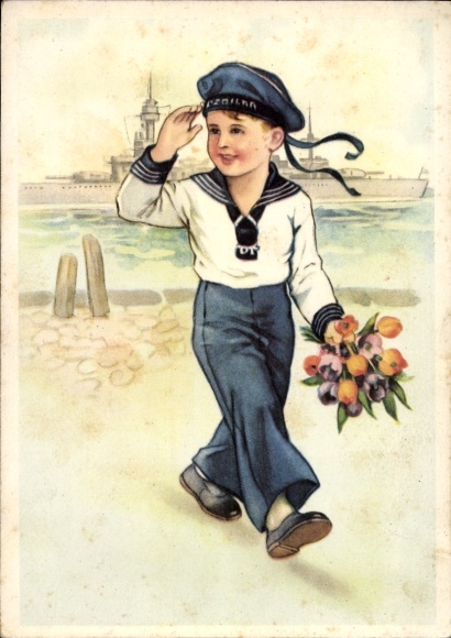 Postcard sailor with bouquet of flowers, sailor, warship