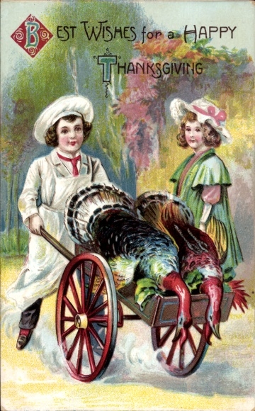 Postcard Thanksgiving, cook with slaughtered turkeys