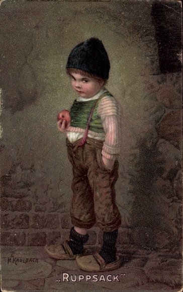 Artist Lithograph: Hermann Kaulbach, Ruppsack, Boy with Apple, Suspenders, Novitas 10679