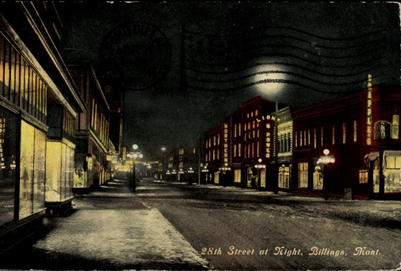 Postcard Billings Montana USA, 28th Street at night, shops, street lamps,