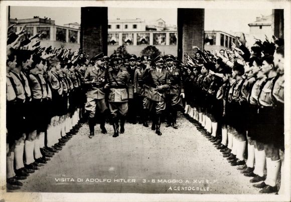 Postcard Adolf Hitler, Benito Mussolini, Staatstreffen in Rom, Centocelle